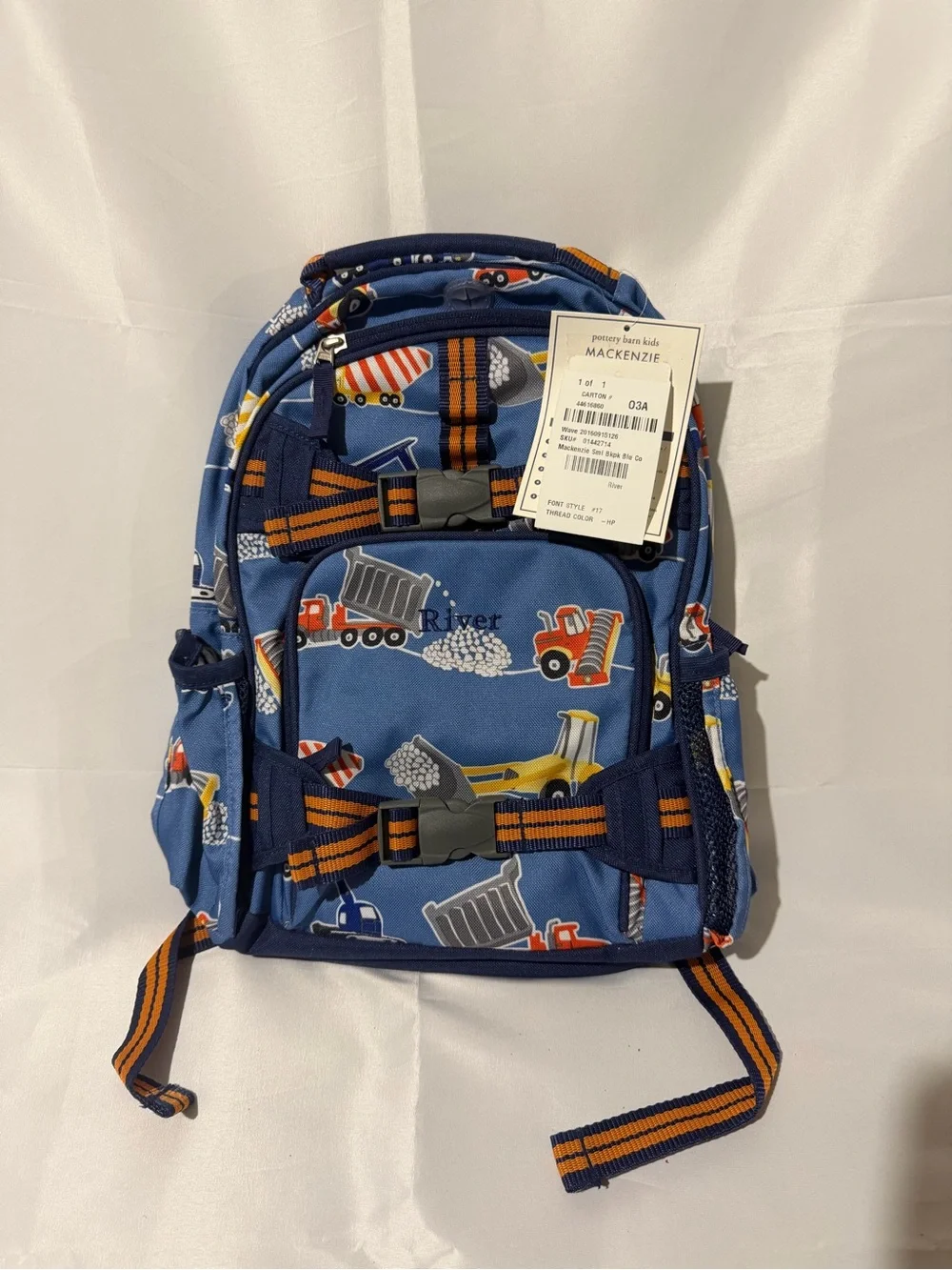 Pottery Barn Kids Blue Construction Trucks Backpack - Embroidered Name “RIVER”